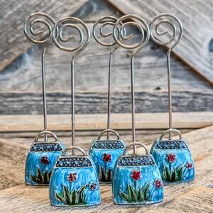 Set of 5, Pier 1 Blue Enamel Floral Purse w Rhinestones-Photo/Place Card Holders